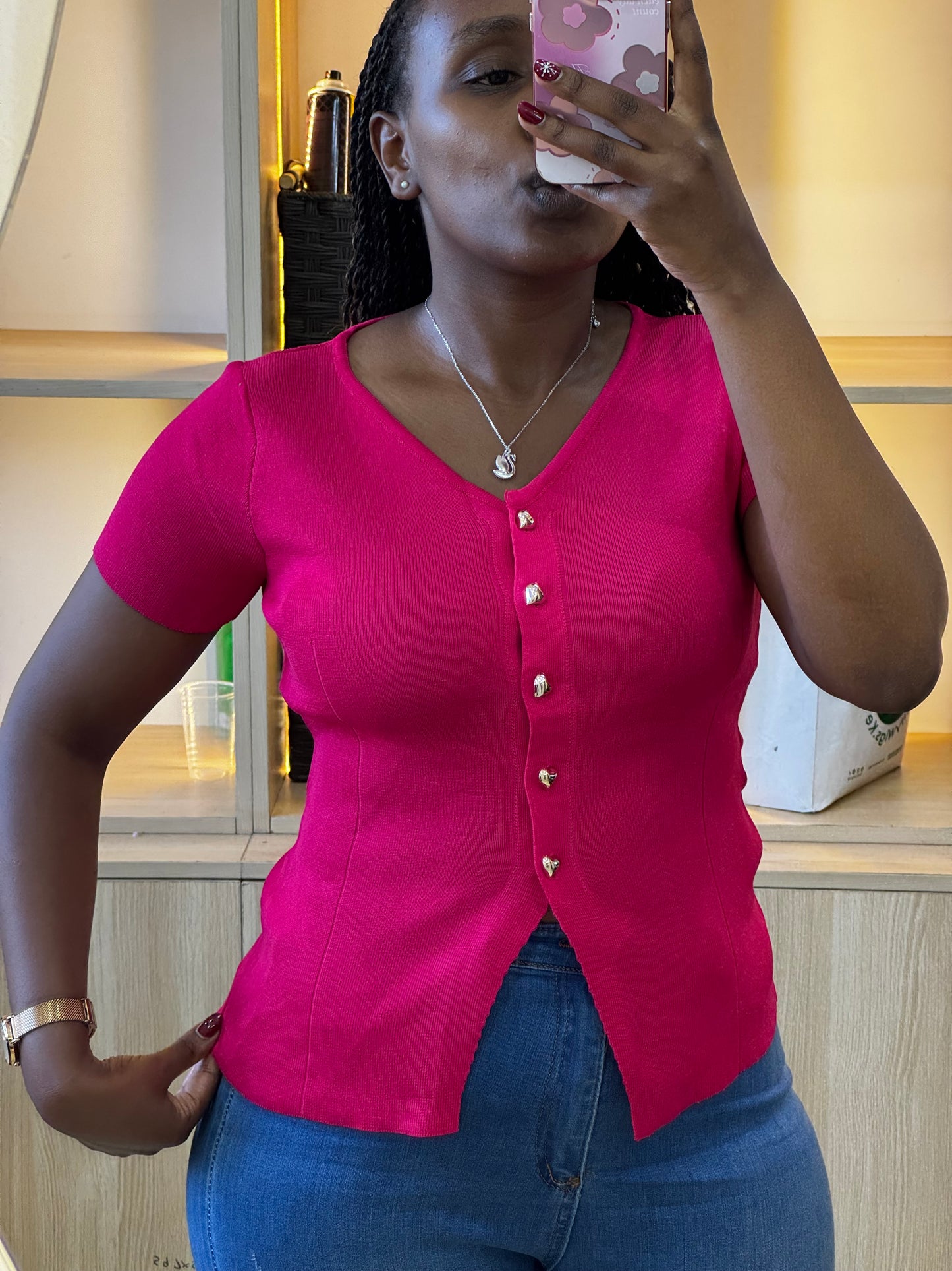 Quality half sweater tops plain with silver heart button