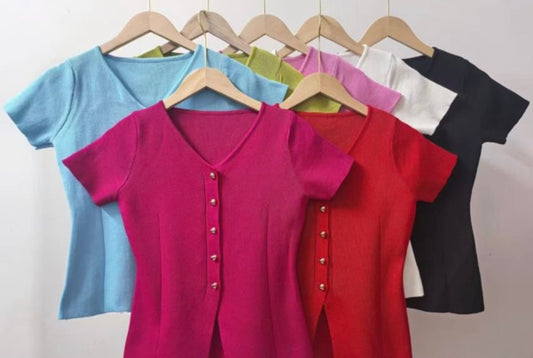 Quality half sweater tops plain with silver heart button