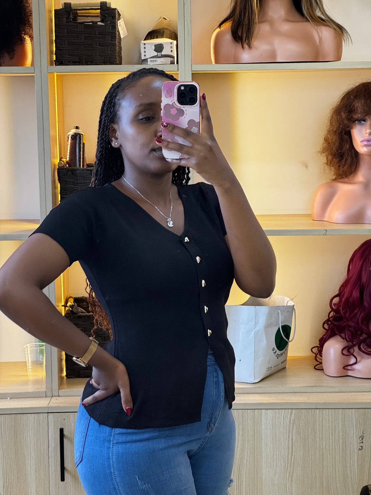 Quality half sweater tops plain with silver heart button