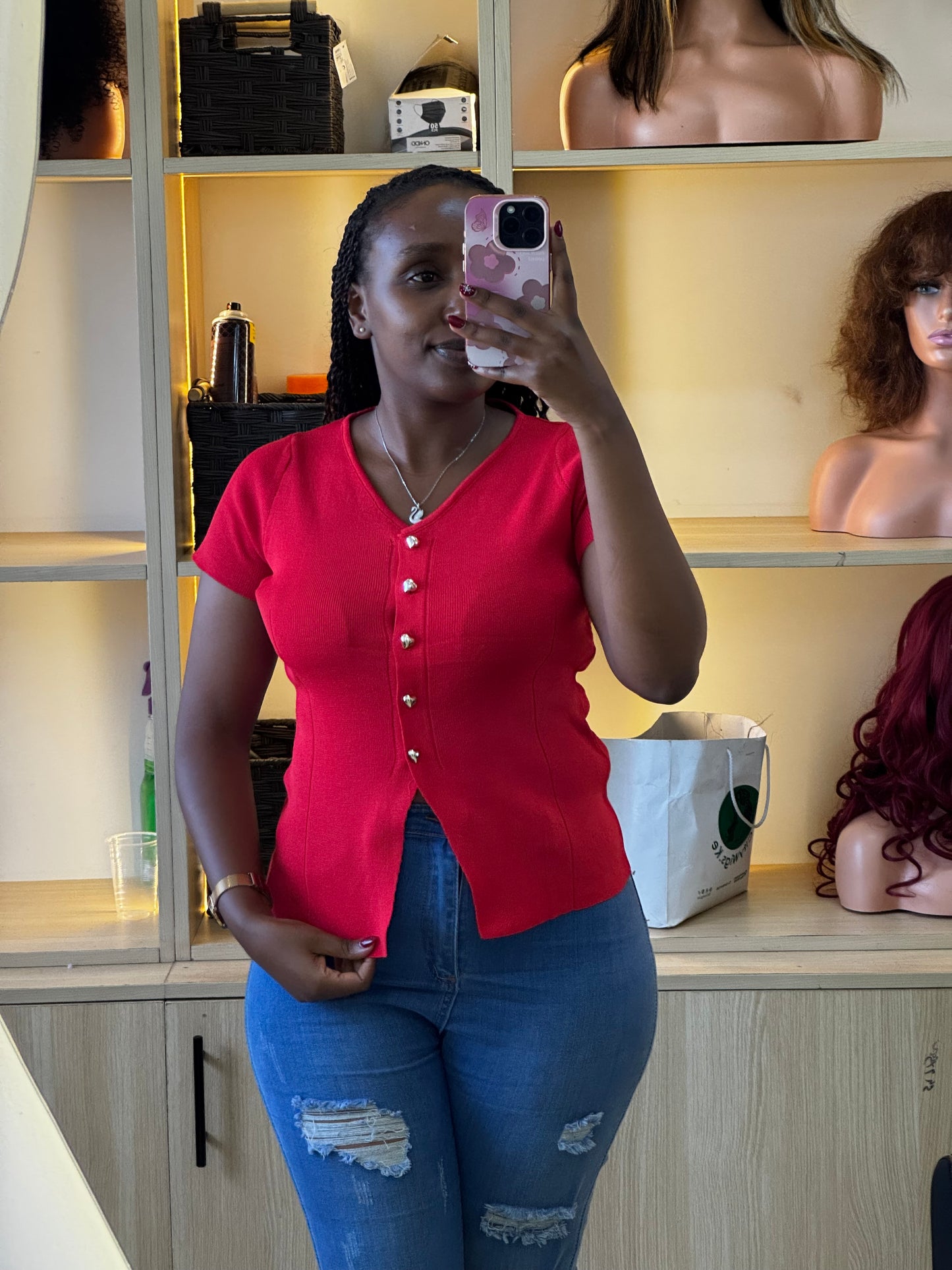 Quality half sweater tops plain with silver heart button