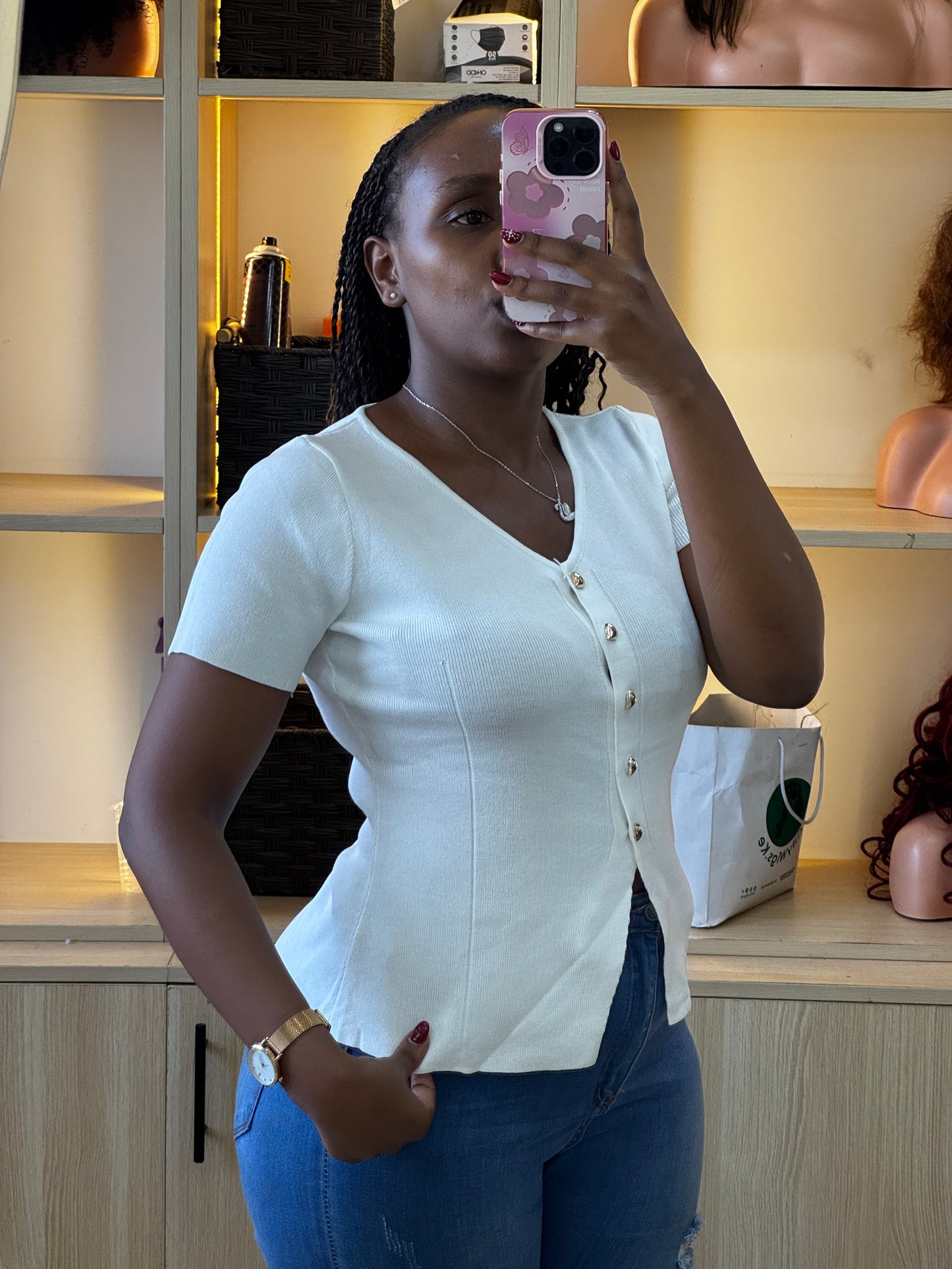 Quality half sweater tops plain with silver heart button